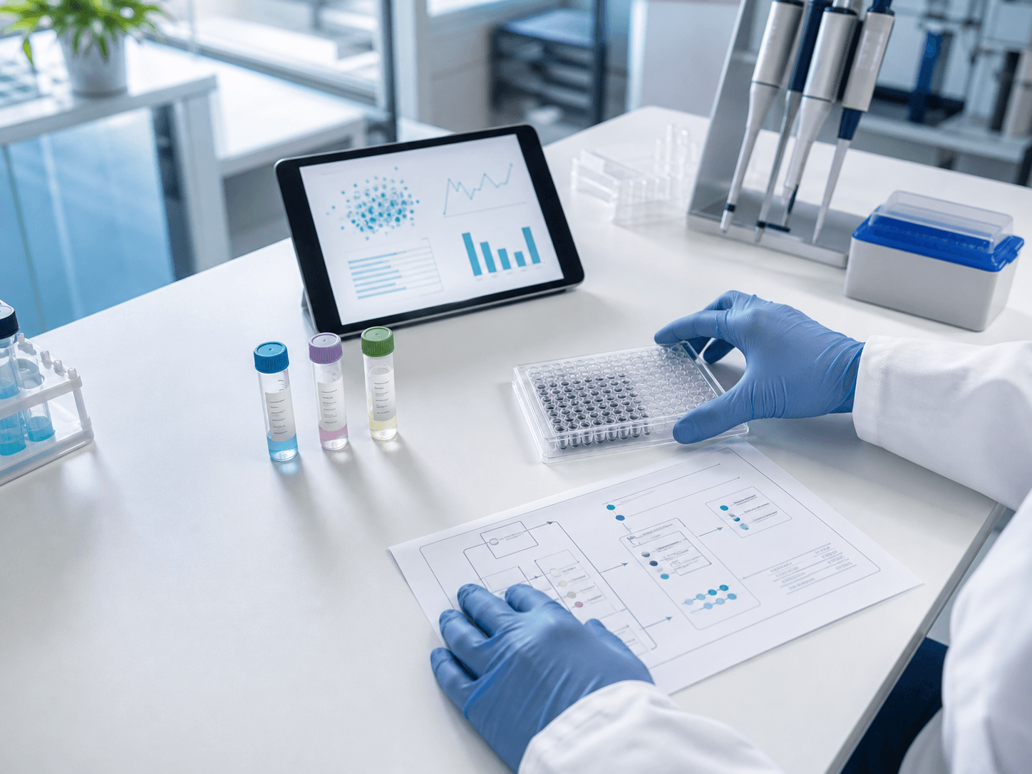 Scientist organizing an assay plate, samples, workflow, and data at a bright laboratory workbench
